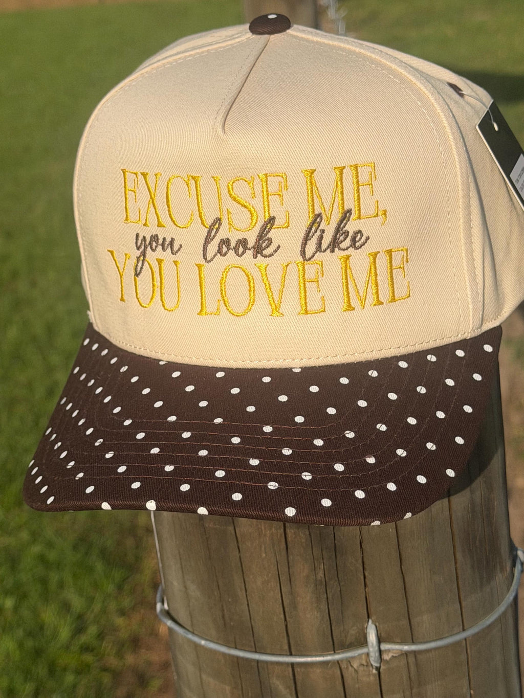 Embroidered Trucker Hat: "Excuse Me, You Look Like Love" Polka Dot Bill
