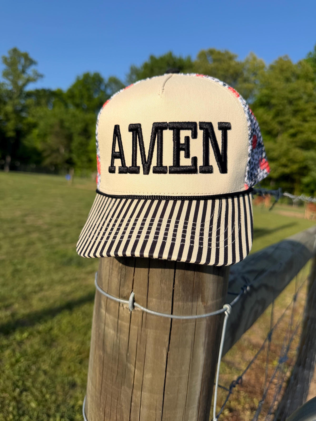 Embroidered Amen Trucker Hat | Cream, Black, Striped Brim, Faith Style