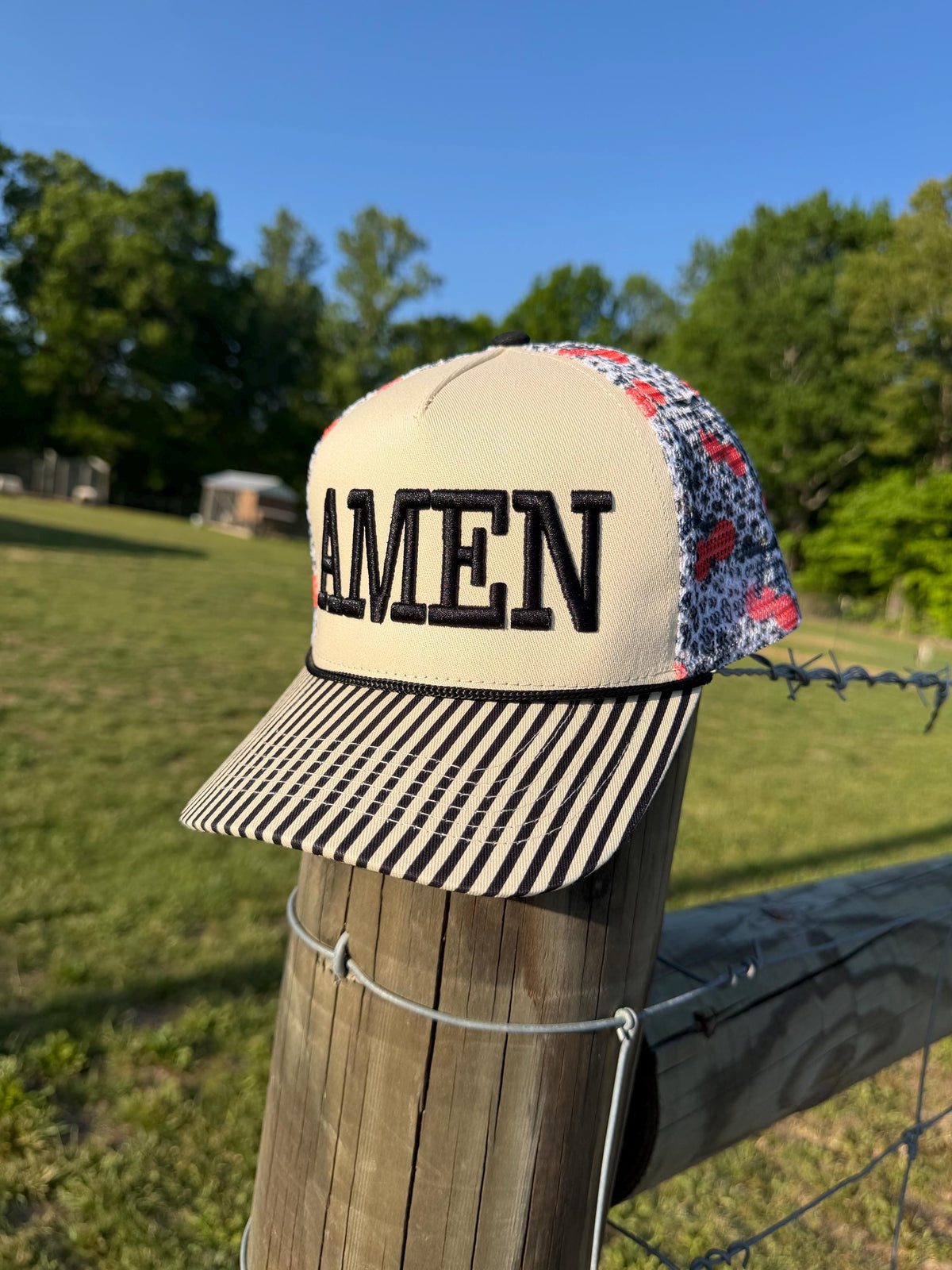 Embroidered Amen Trucker Hat | Cream, Black, Striped Brim, Faith Style