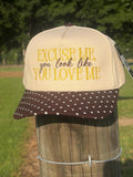 Embroidered Trucker Hat: "Excuse Me, You Look Like Love" Polka Dot Bill