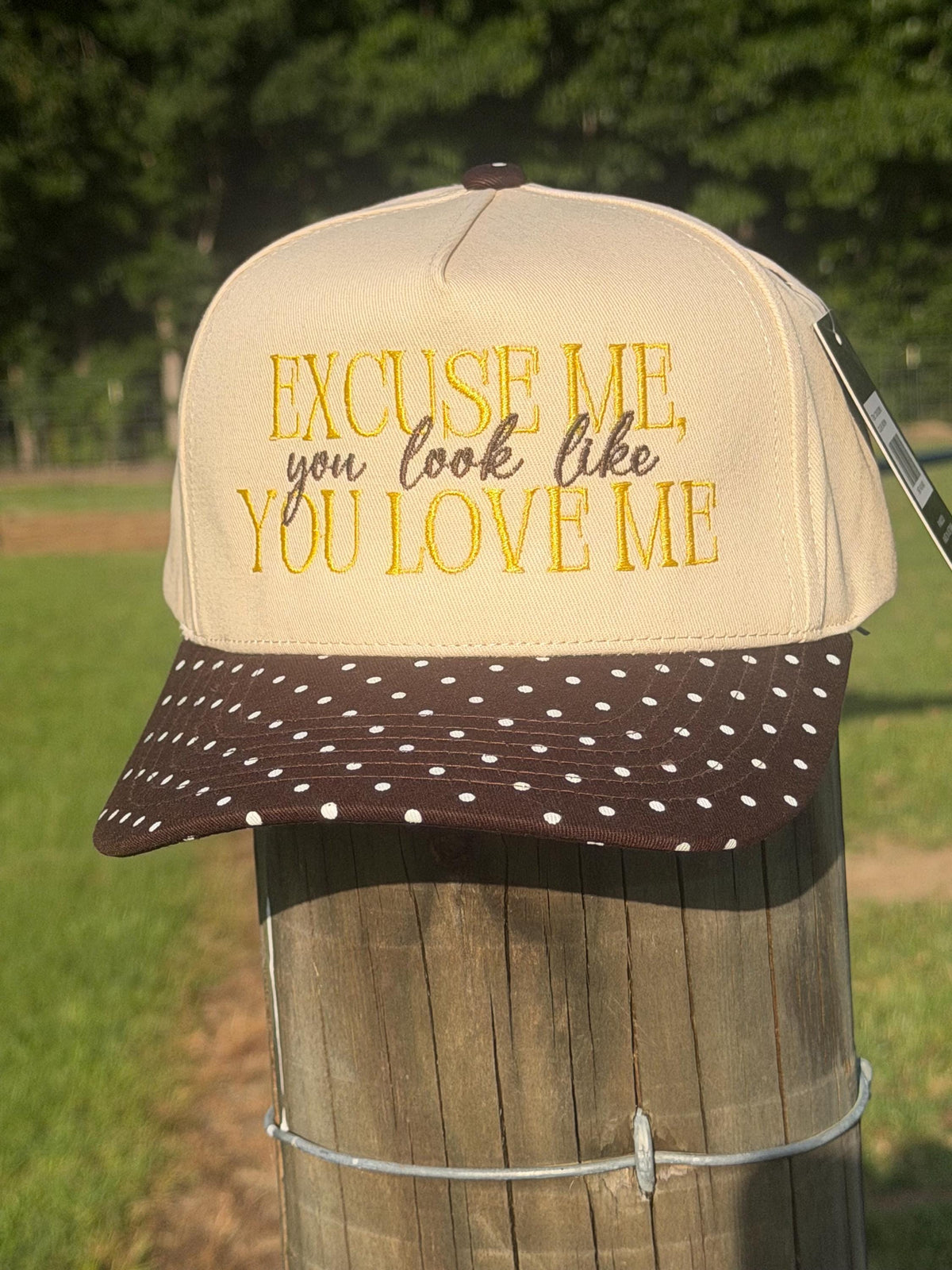 Embroidered Trucker Hat: "Excuse Me, You Look Like Love" Polka Dot Bill