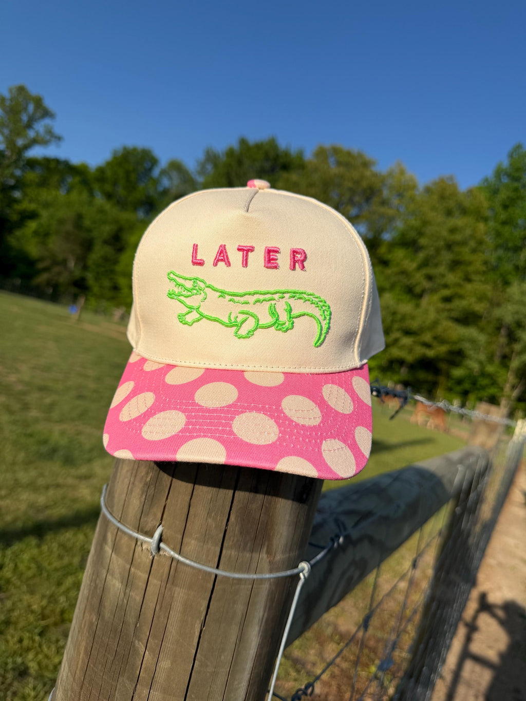 Embroidered Alligator Trucker Hat | Cream Pink Polka Dot Brim