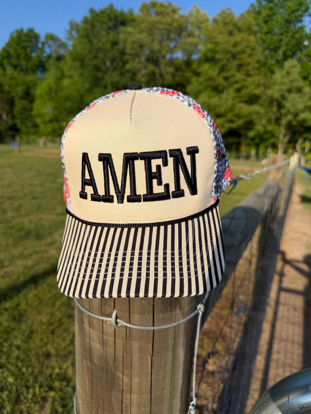 Embroidered Amen Trucker Hat | Cream, Black, Striped Brim, Faith Style