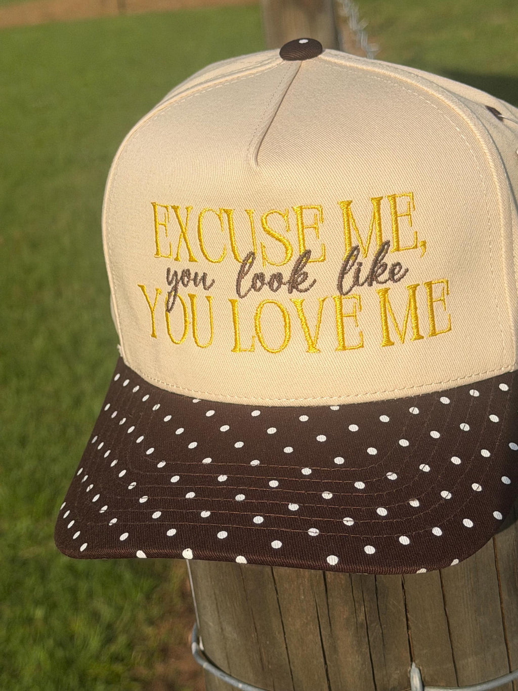 Embroidered Trucker Hat: "Excuse Me, You Look Like Love" Polka Dot Bill