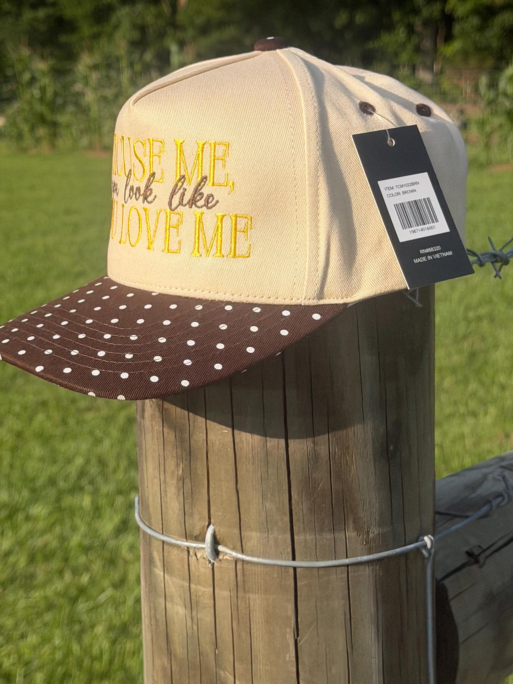 Embroidered Trucker Hat: "Excuse Me, You Look Like Love" Polka Dot Bill