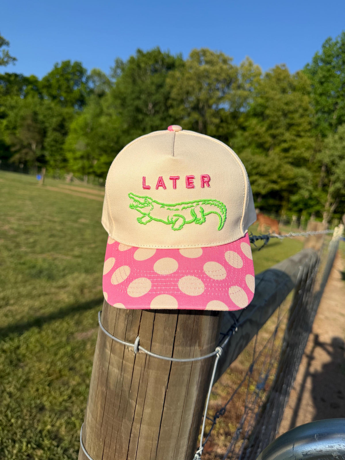 Embroidered Alligator Trucker Hat | Cream Pink Polka Dot Brim