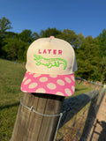 Embroidered Alligator Trucker Hat | Cream Pink Polka Dot Brim