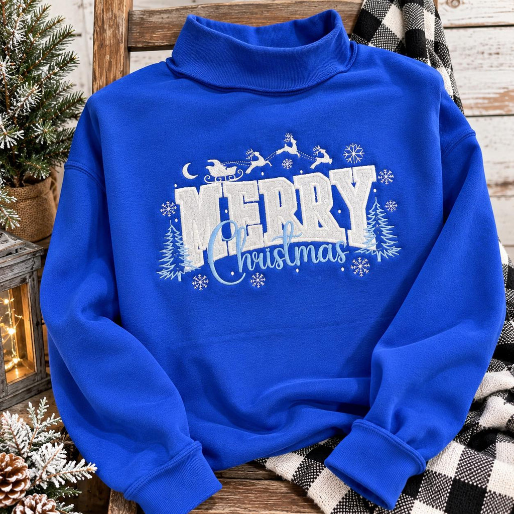 Embroidered Merry Christmas Sequin Mock Neck