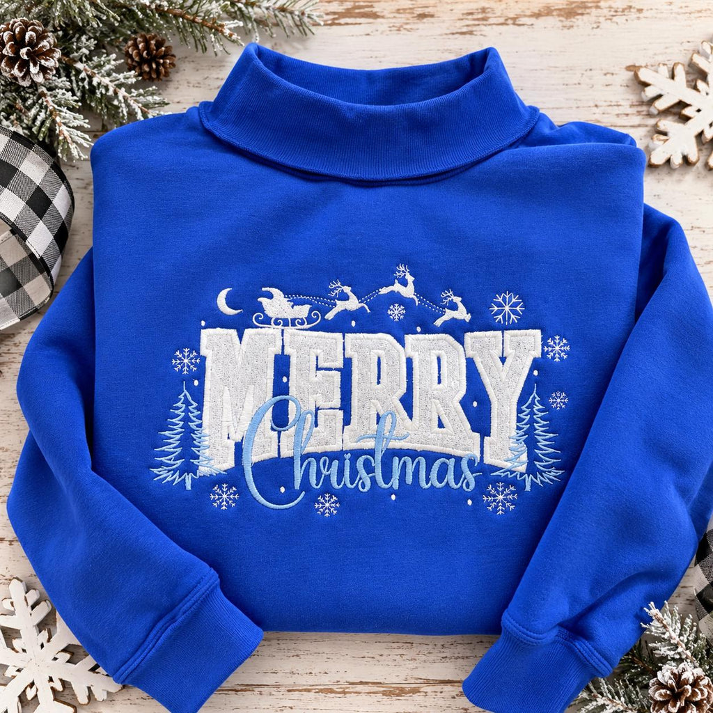 Embroidered Merry Christmas Sequin Mock Neck