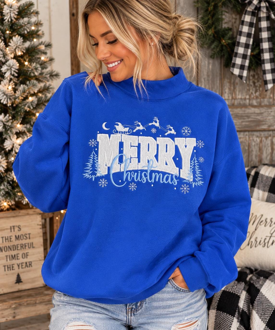 Embroidered Merry Christmas Sequin Mock Neck